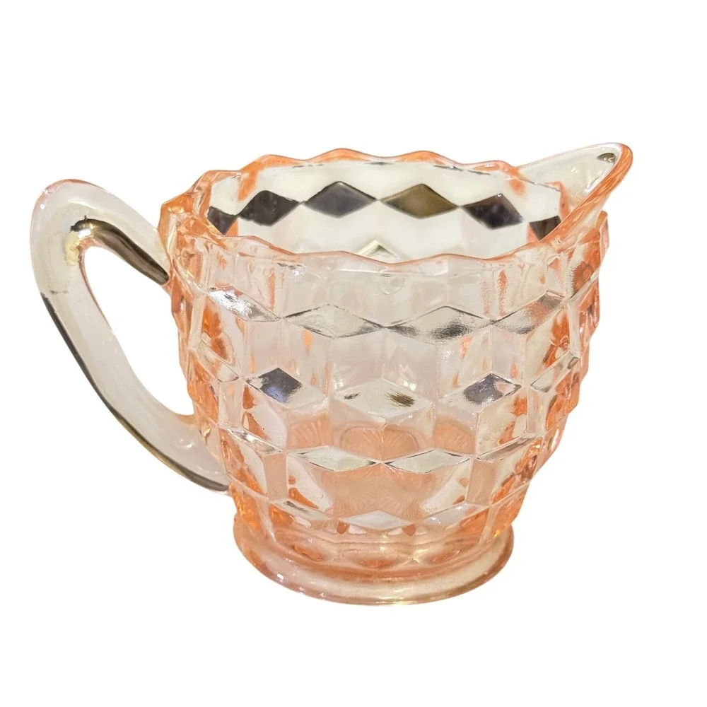 Pink Depression Glass Creamer 2.5in Pink Cube Pattern Art Deco Style